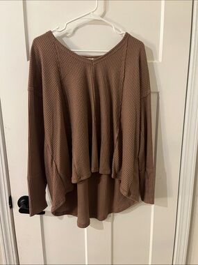 Altar'd State Brown Waffle-Knit Drop-Shoulder Long Sleeve Top